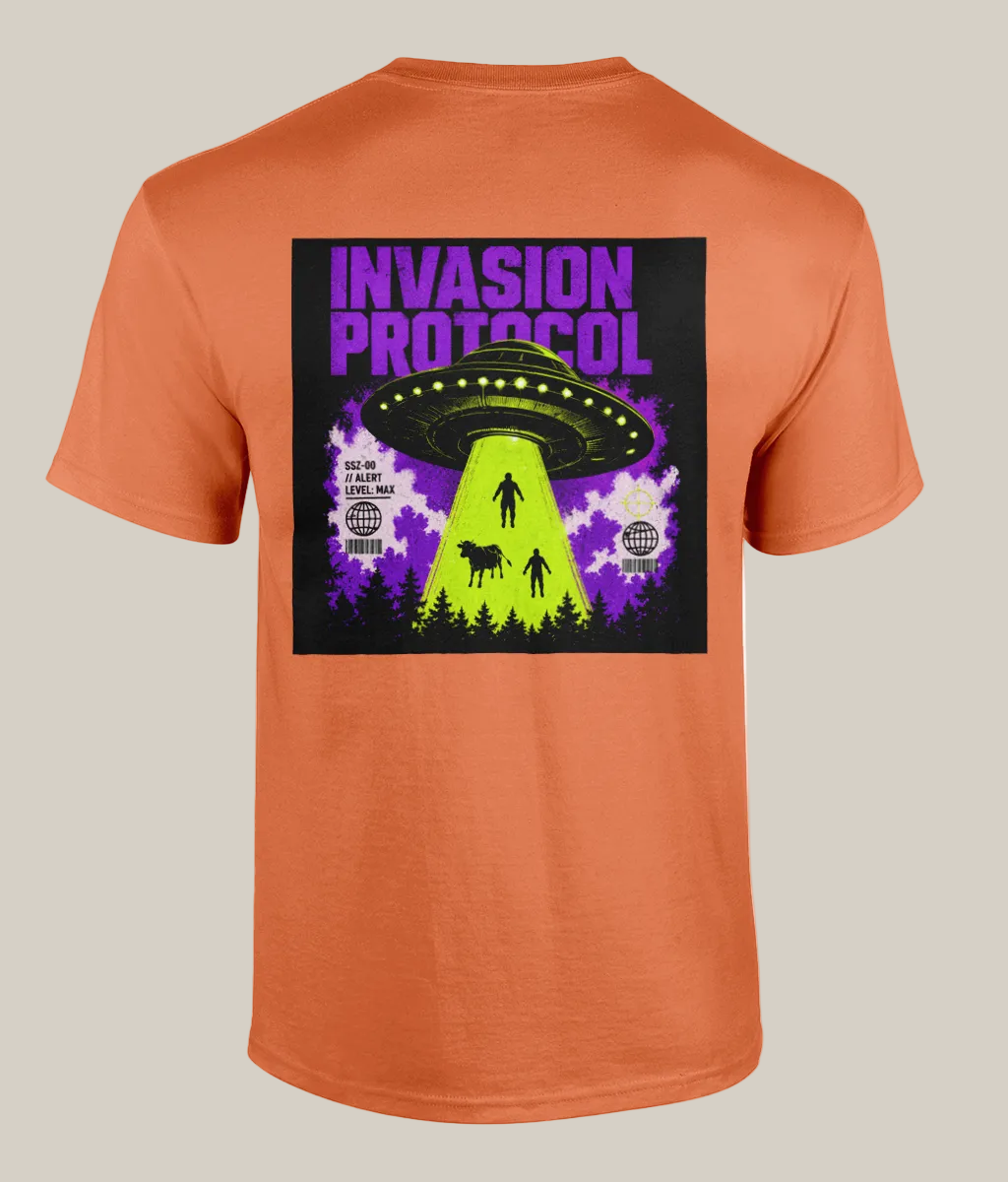 Orange t-shirt with a graphic design of an alien invasion on the back