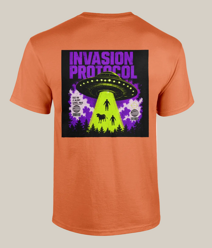 Orange t-shirt with a graphic design of an alien invasion on the back