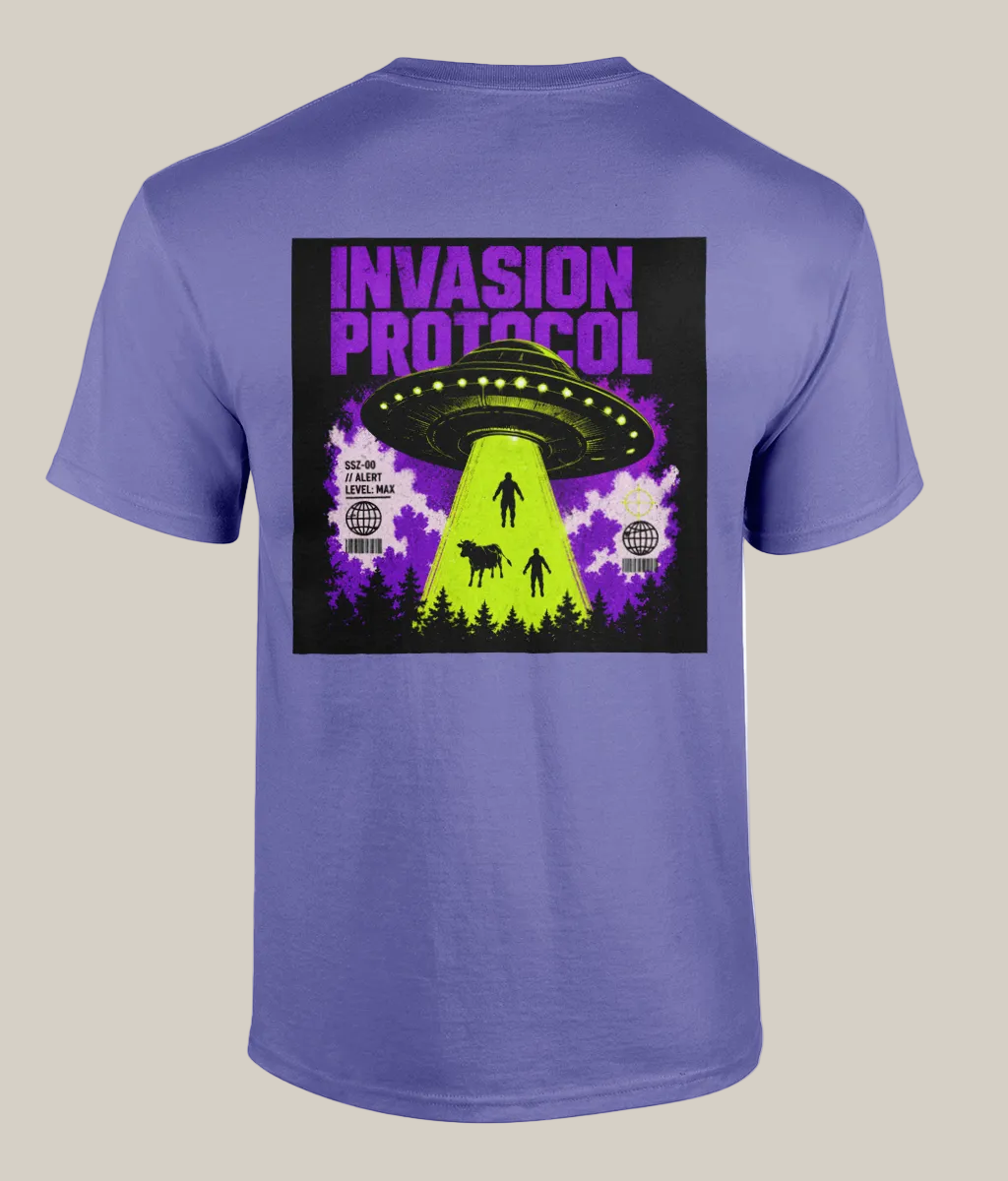 Purple t-shirt with alien abduction graphic and 'Invasion Protocol' text on a white background