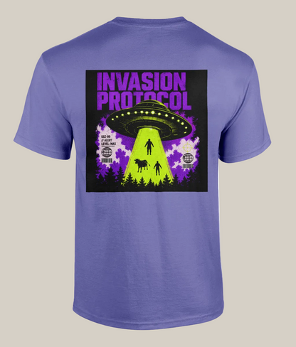 Purple t-shirt with alien abduction graphic and 'Invasion Protocol' text on a white background