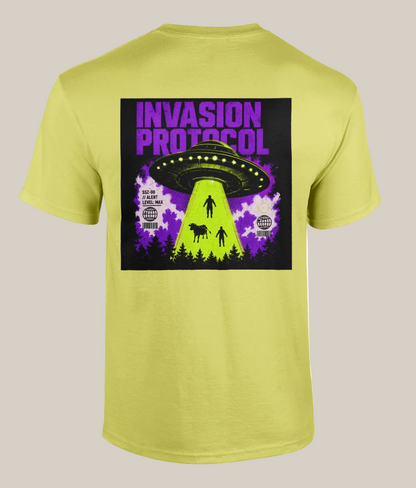 Yellow t-shirt with 'Invasion Protocol' graphic design on a white background