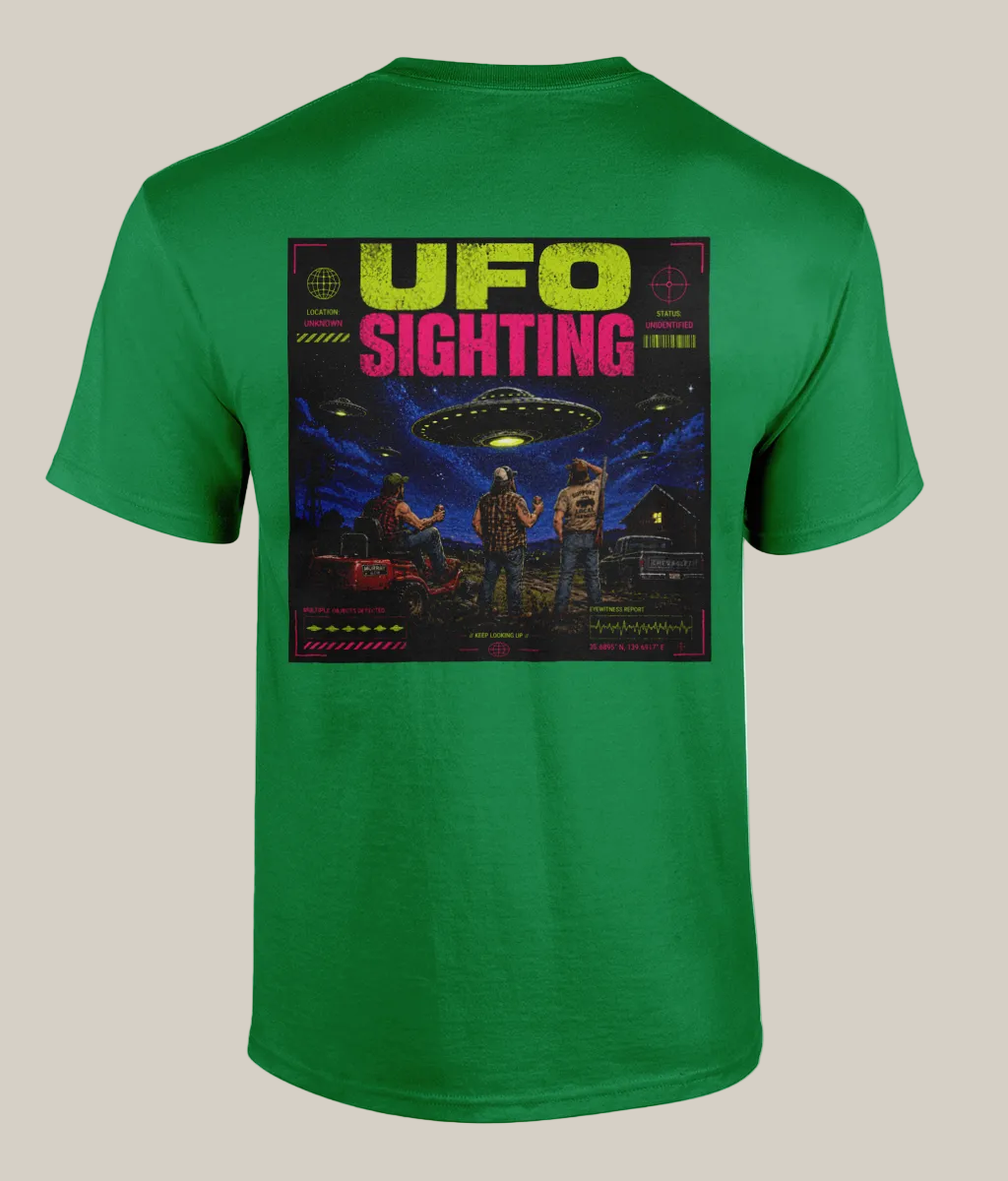 Green t-shirt with 'UFO Sighting' graphic on a white background