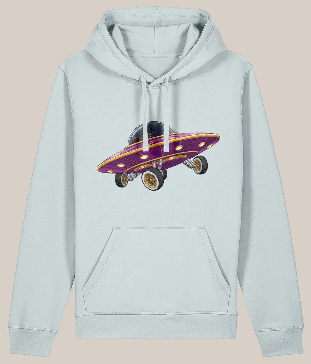 Light gray hoodie with a purple and yellow UFO graphic on a white background