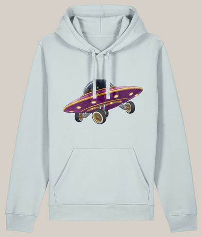 Light gray hoodie with a purple and yellow UFO graphic on a white background