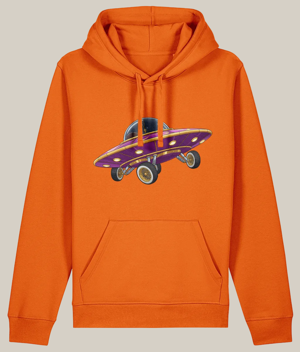 Orange hoodie with a purple and yellow car graphic on a white background