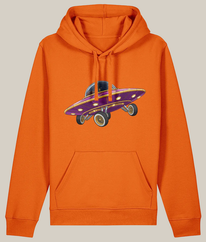 Orange hoodie with a purple and yellow car graphic on a white background