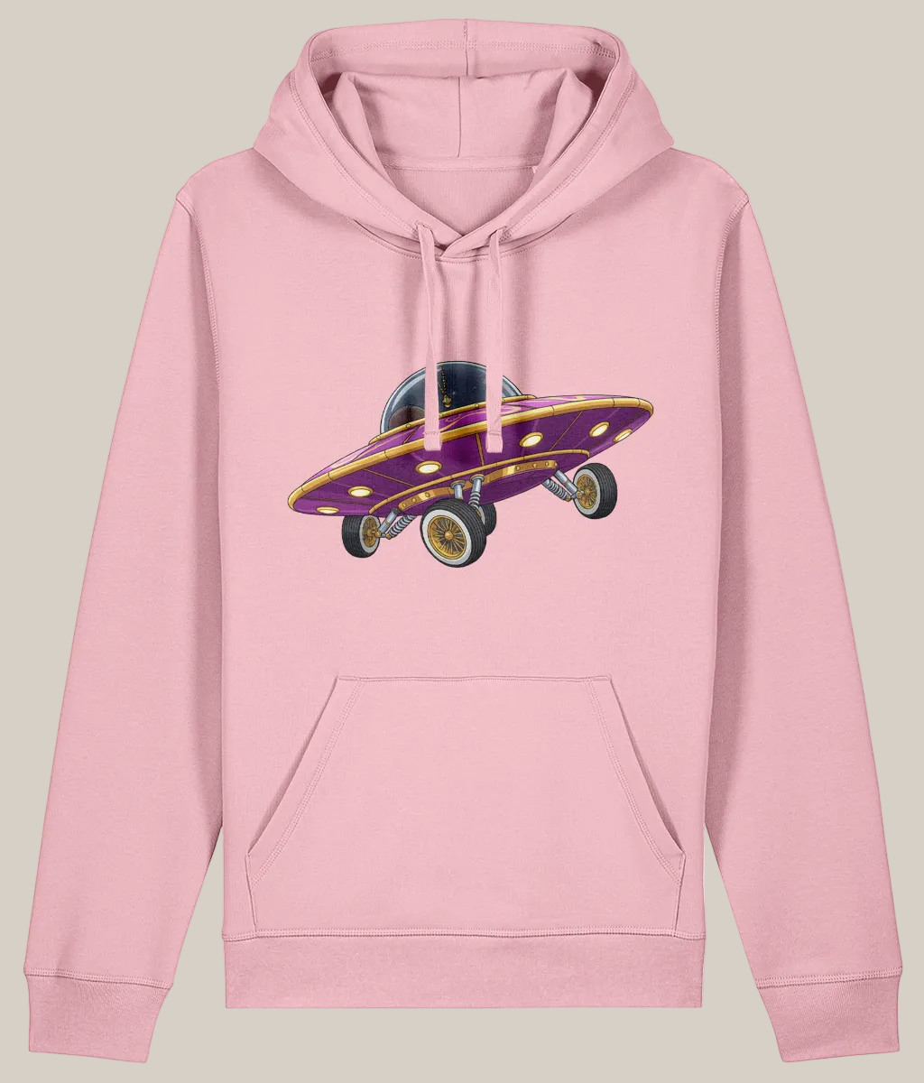 Pink hoodie with a purple alien spaceship graphic on a white background