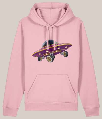 Pink hoodie with a purple alien spaceship graphic on a white background