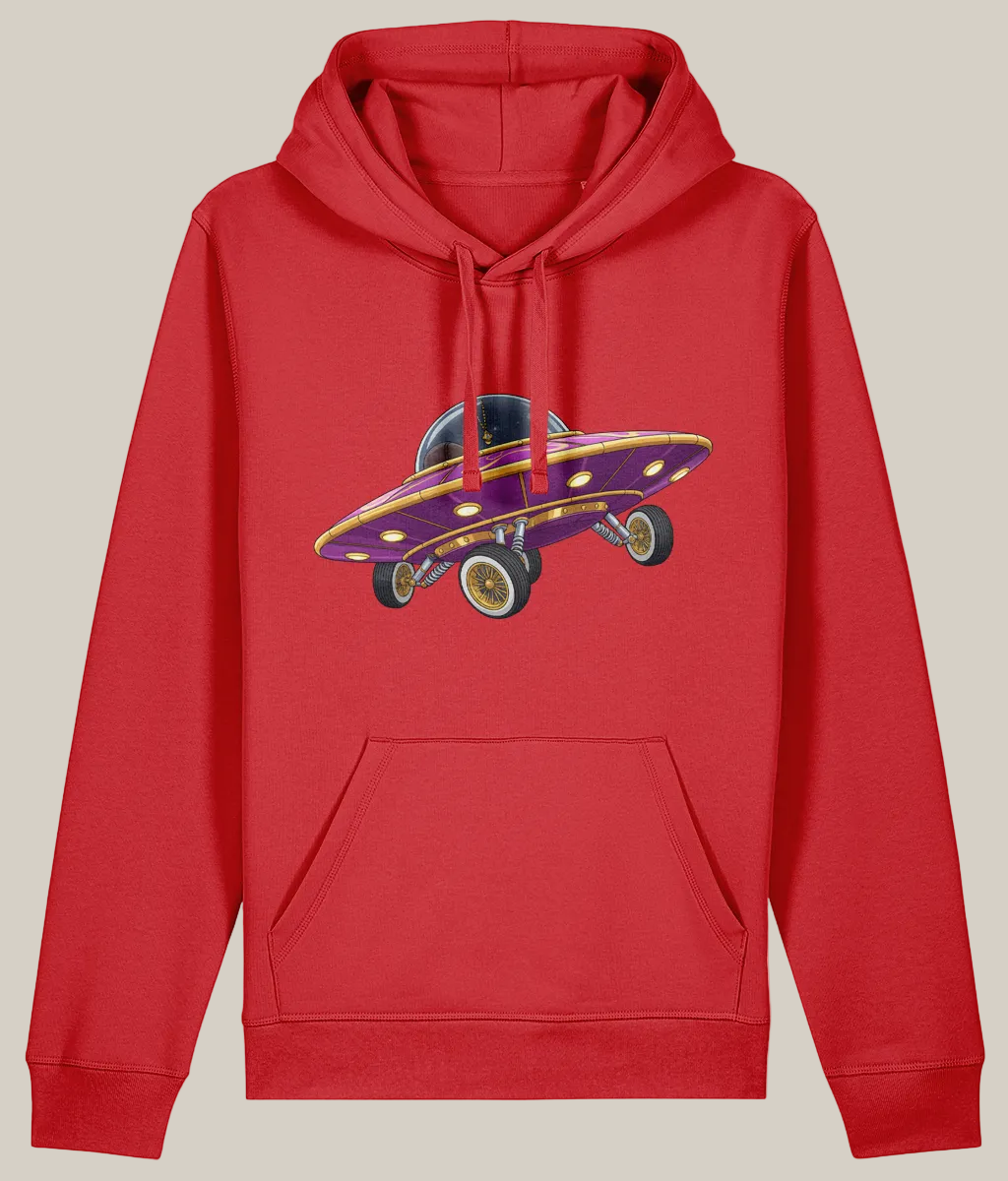 Red hoodie with a purple and yellow car graphic on a white background