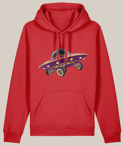 Red hoodie with a purple and yellow car graphic on a white background