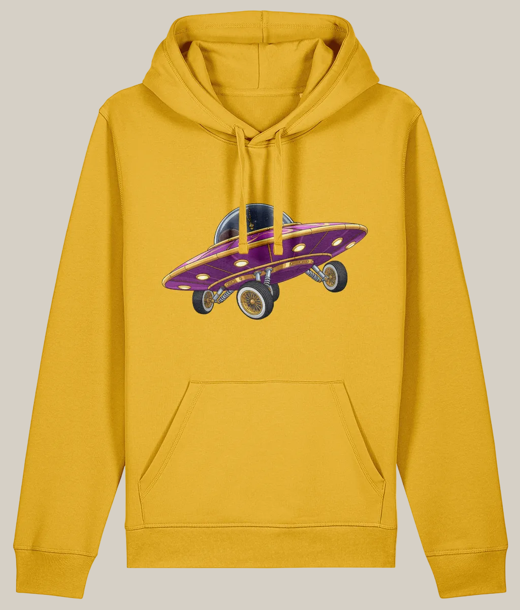 Yellow hoodie with a purple and black car graphic on a white background
