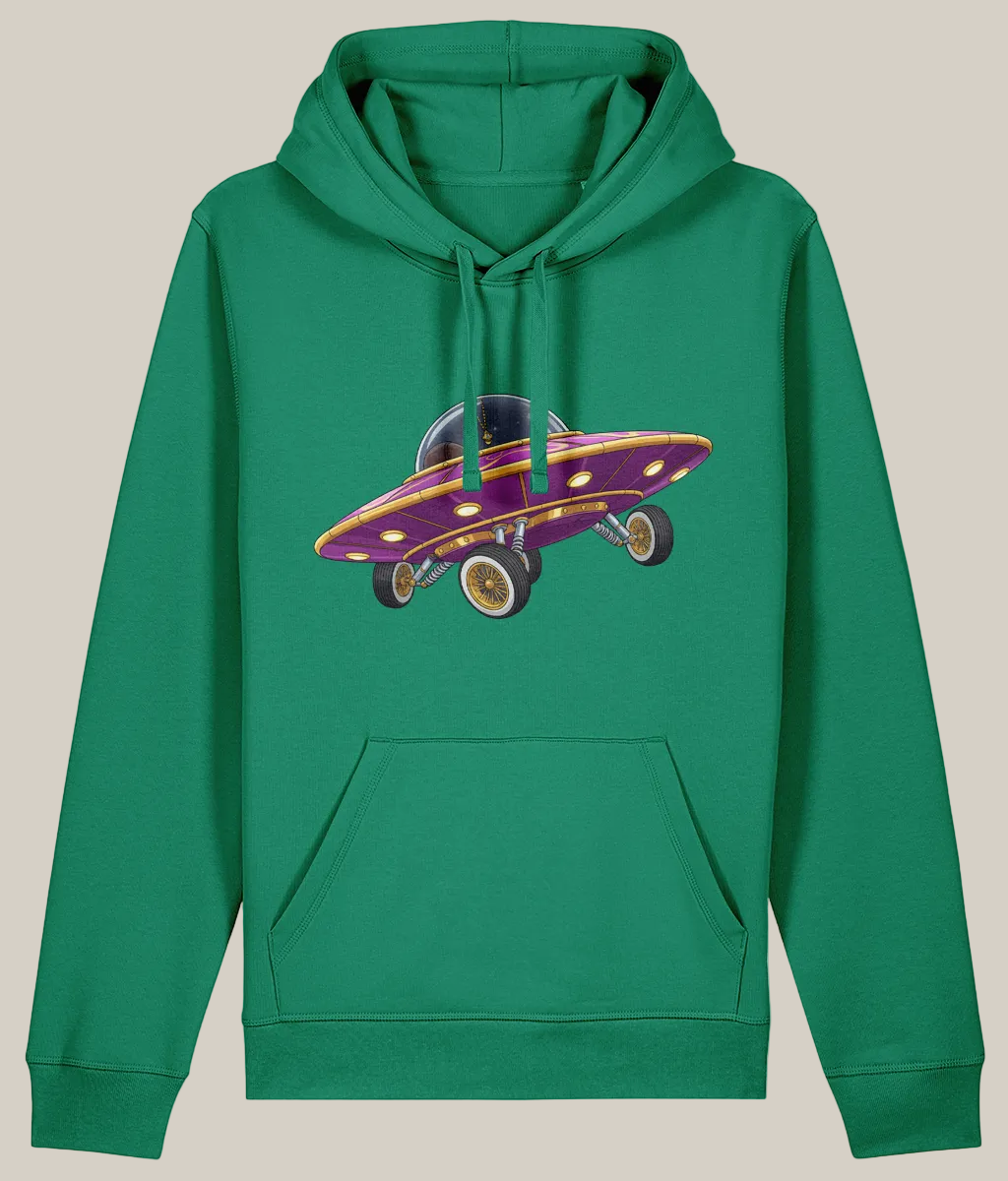 Green hoodie with a purple and yellow cartoon car design on a white background