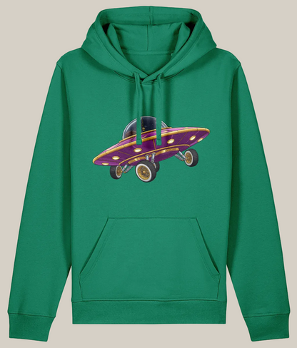 Green hoodie with a purple and yellow cartoon car design on a white background