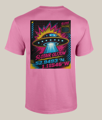 Pink t-shirt with a colorful UFO graphic and text on the back