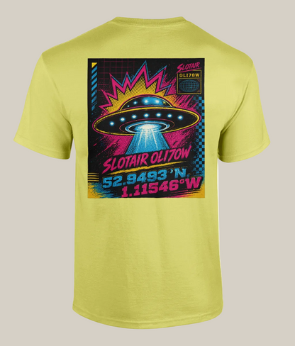 Yellow t-shirt with a colorful UFO graphic and text on the back