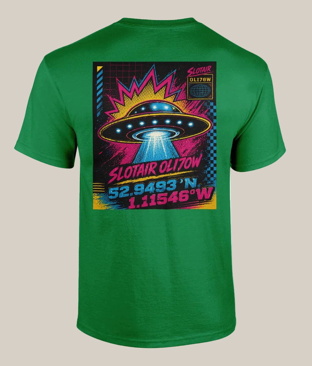 Green t-shirt with a colorful graphic design on the back featuring a UFO and text.