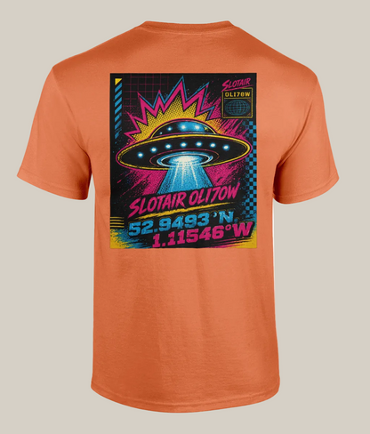 Orange t-shirt with a colorful UFO graphic on the back, featuring coordinates and text.