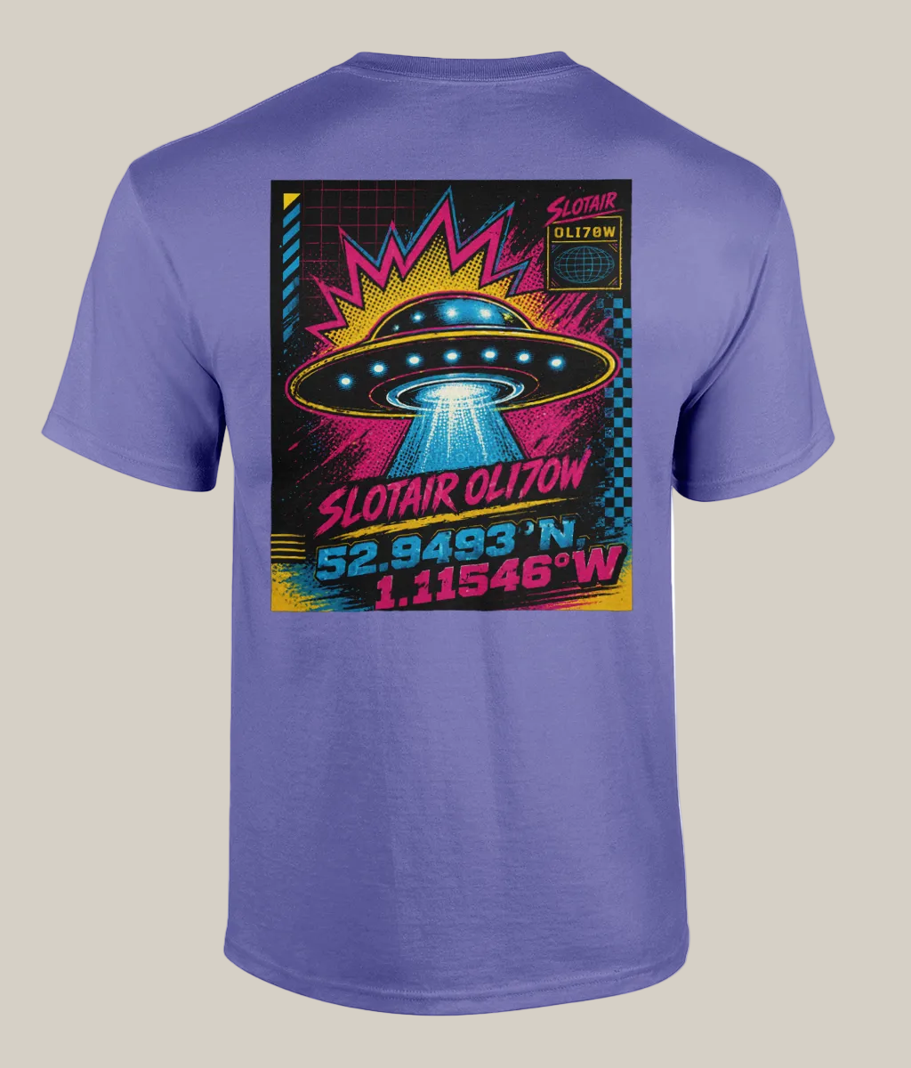 Purple t-shirt with a colorful UFO graphic and text on the back
