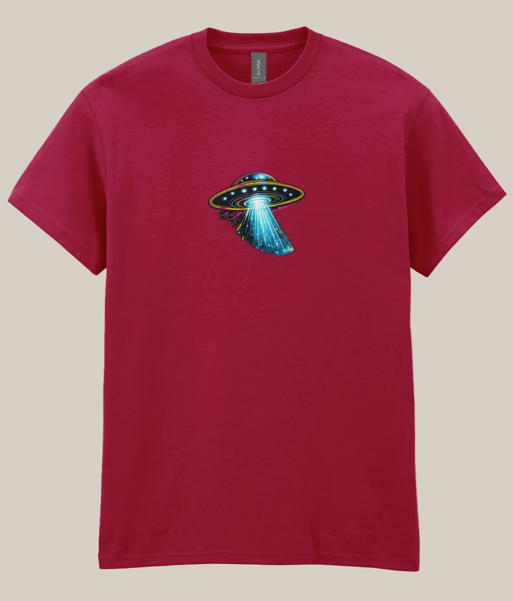 Red t-shirt with a UFO graphic on a white background