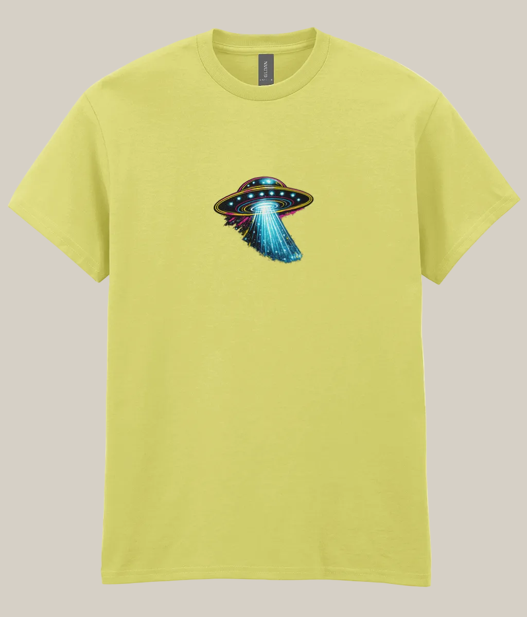 Yellow t-shirt with a UFO graphic on a white background
