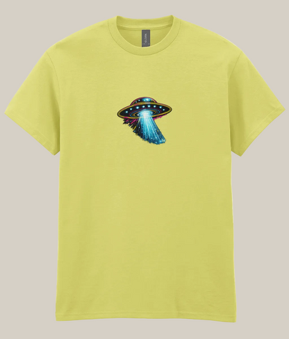Yellow t-shirt with a UFO graphic on a white background