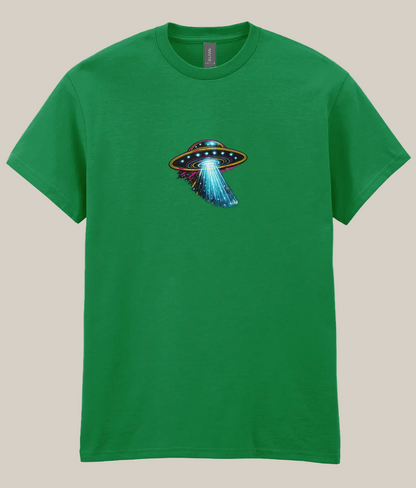 Green t-shirt with a UFO graphic on a white background