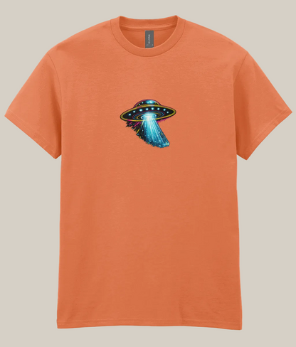 Orange t-shirt with a UFO graphic on a white background