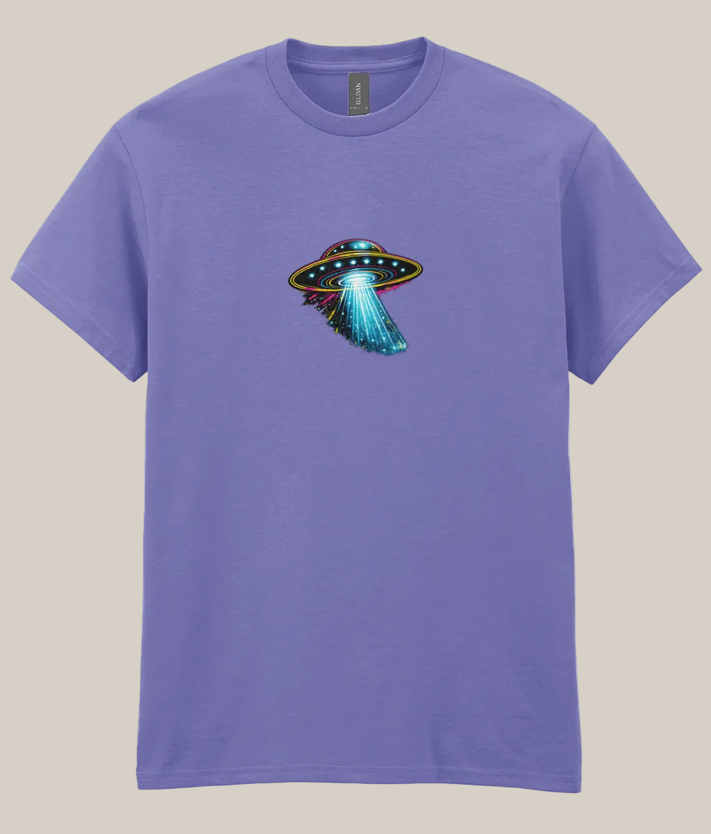 Purple t-shirt with a UFO graphic on a white background