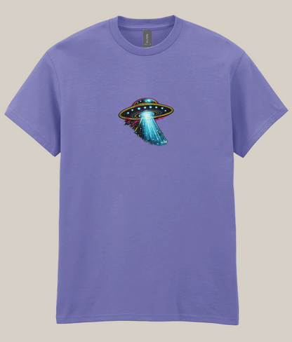 Purple t-shirt with a UFO graphic on a white background
