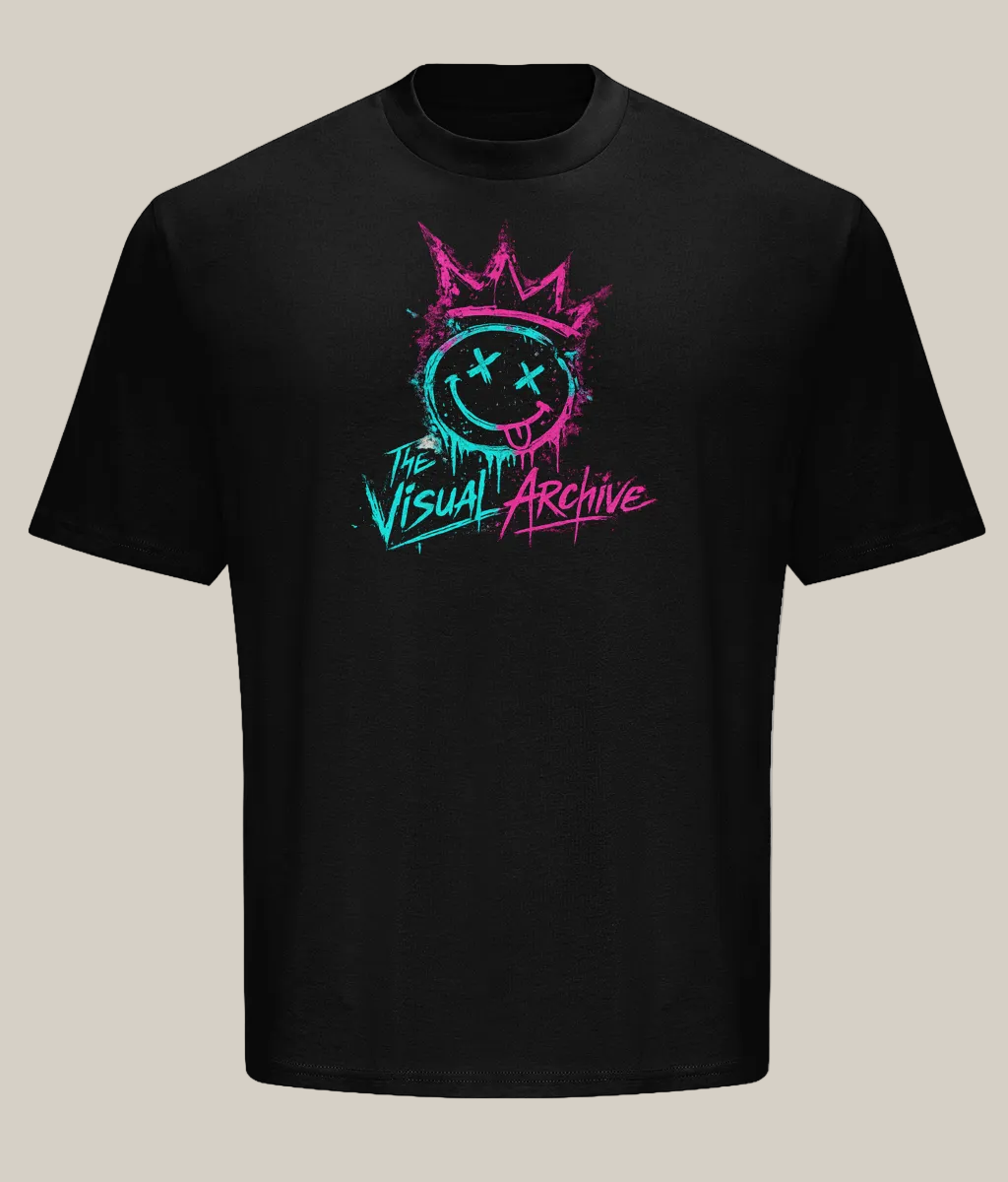 Black t-shirt with colorful graphic design and 'The Visual Archive' text on a white background
