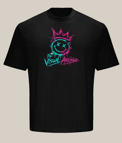 Black t-shirt with colorful graphic design and 'The Visual Archive' text on a white background
