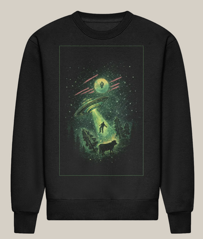 Black sweatshirt with a UFO and landscape graphic on a white background