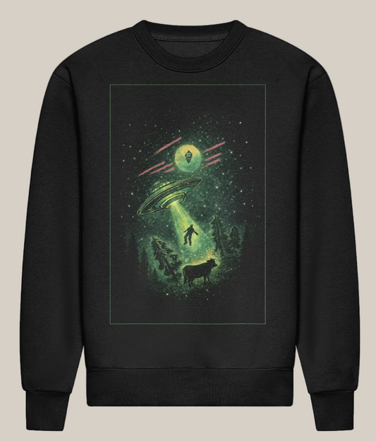 Black sweatshirt with a UFO and landscape graphic on a white background