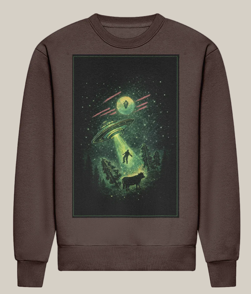 Brown sweatshirt with a graphic of a UFO over a landscape on a white background
