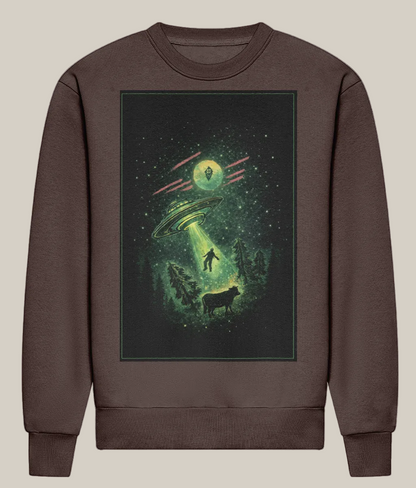 Brown sweatshirt with a graphic of a UFO over a landscape on a white background