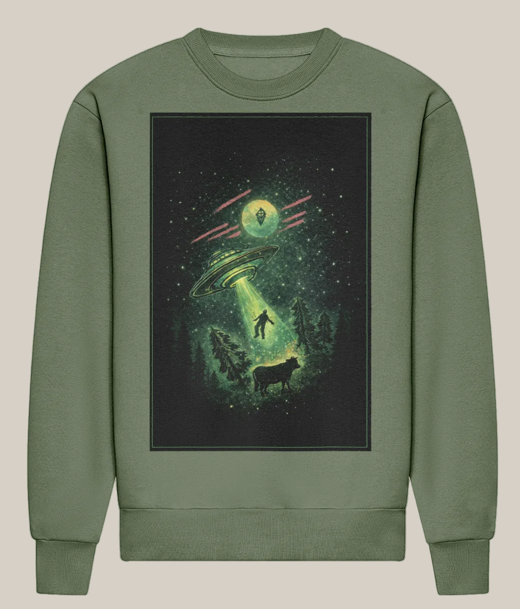 Green sweatshirt with a graphic of an alien spaceship and landscape on a white background