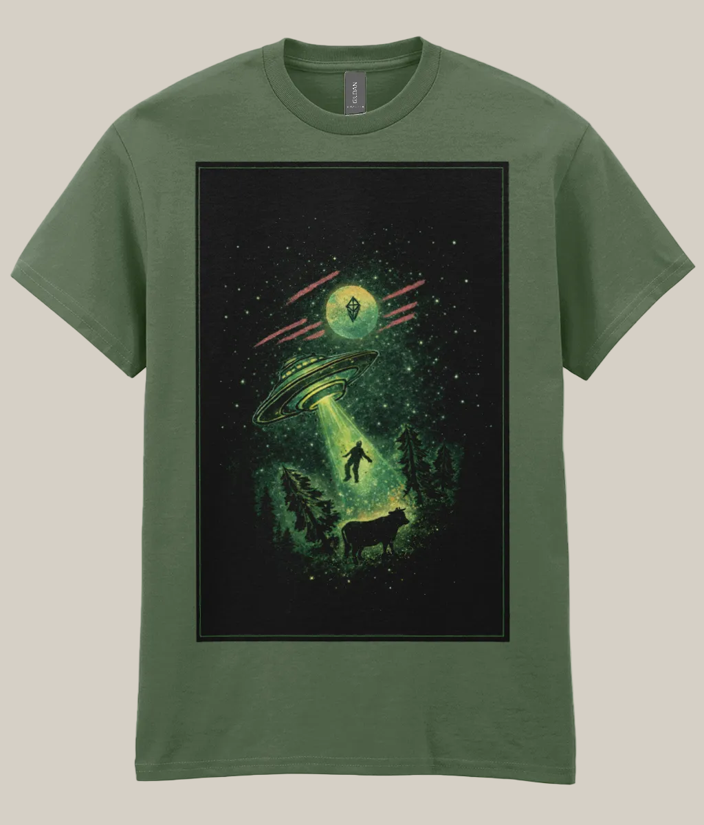 Green t-shirt with a graphic of a UFO and landscape on a white background