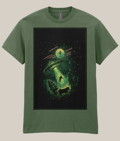 Green t-shirt with a graphic of a UFO and landscape on a white background