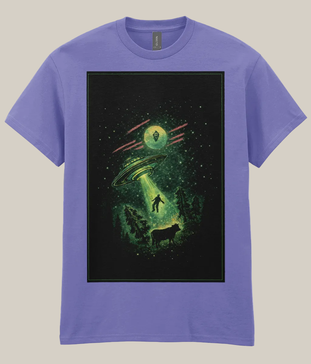 Purple t-shirt with a graphic of a UFO and alien on a black background