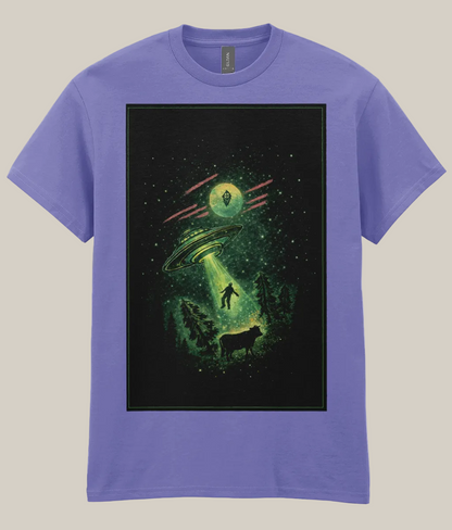 Purple t-shirt with a graphic of a UFO and alien on a black background