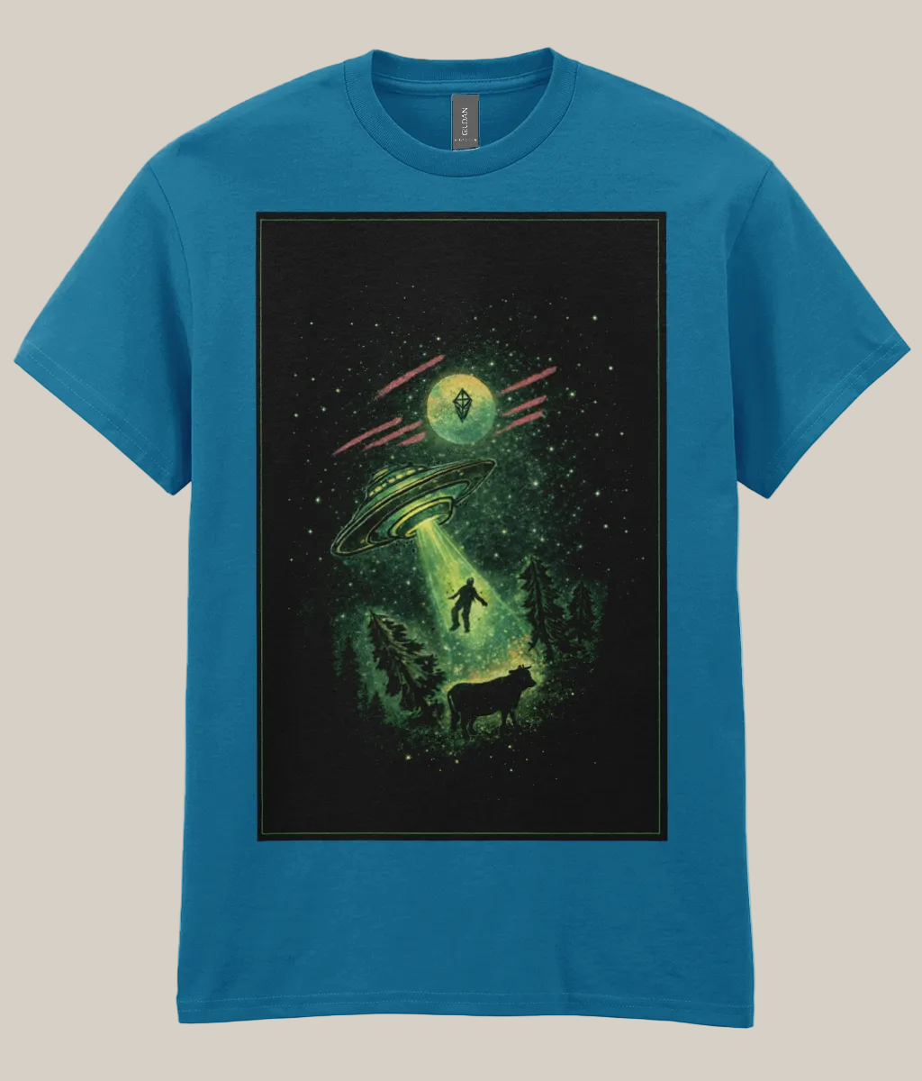 Blue t-shirt with a graphic of a UFO and alien on a black background