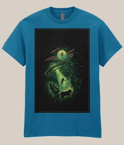 Blue t-shirt with a graphic of a UFO and alien on a black background