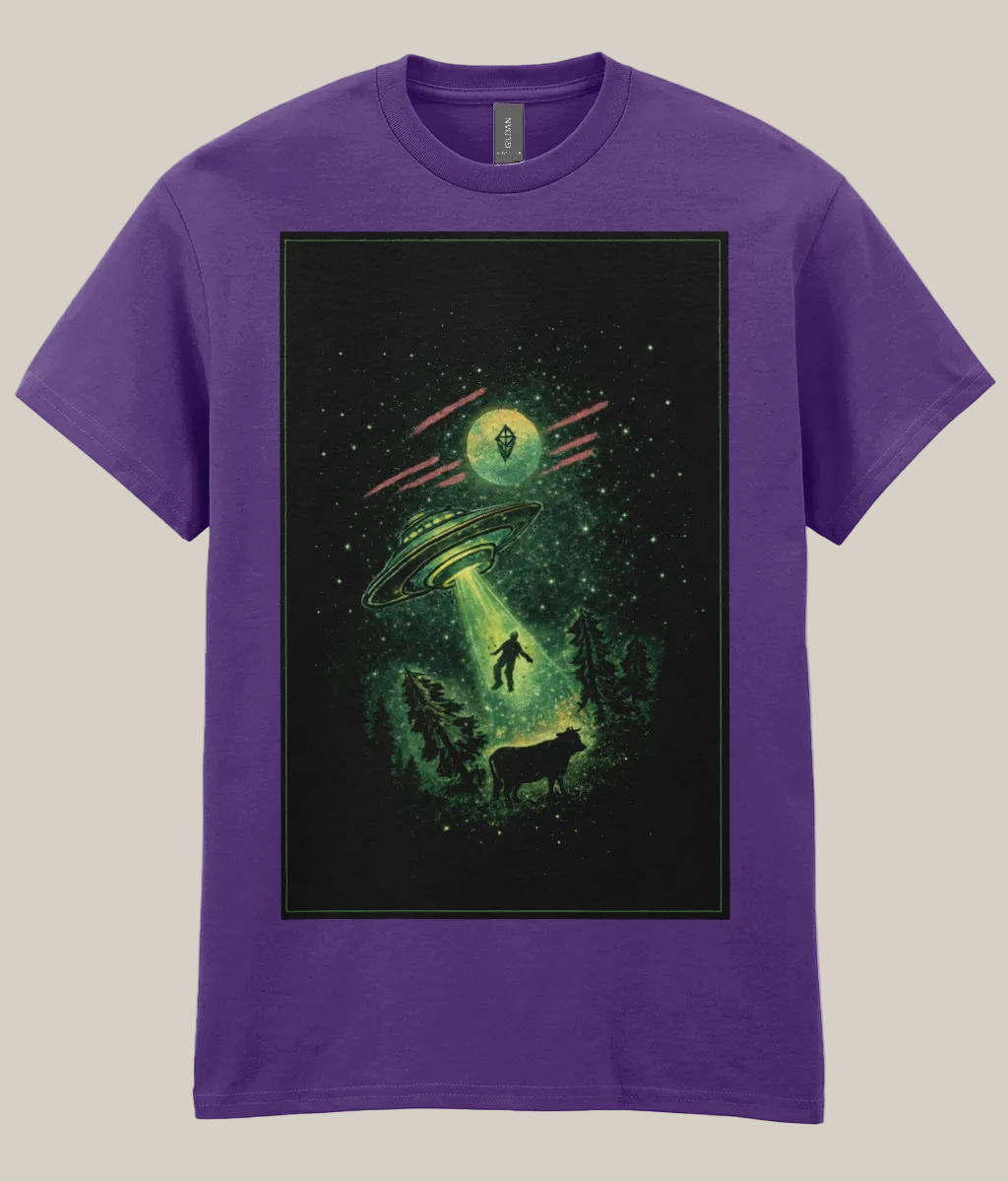 Purple t-shirt with a graphic of a UFO and alien on a black background