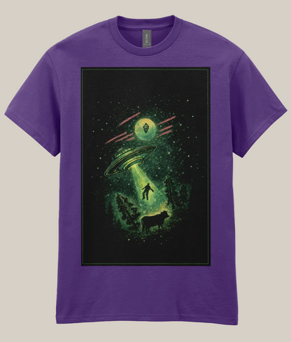 Purple t-shirt with a graphic of a UFO and alien on a black background