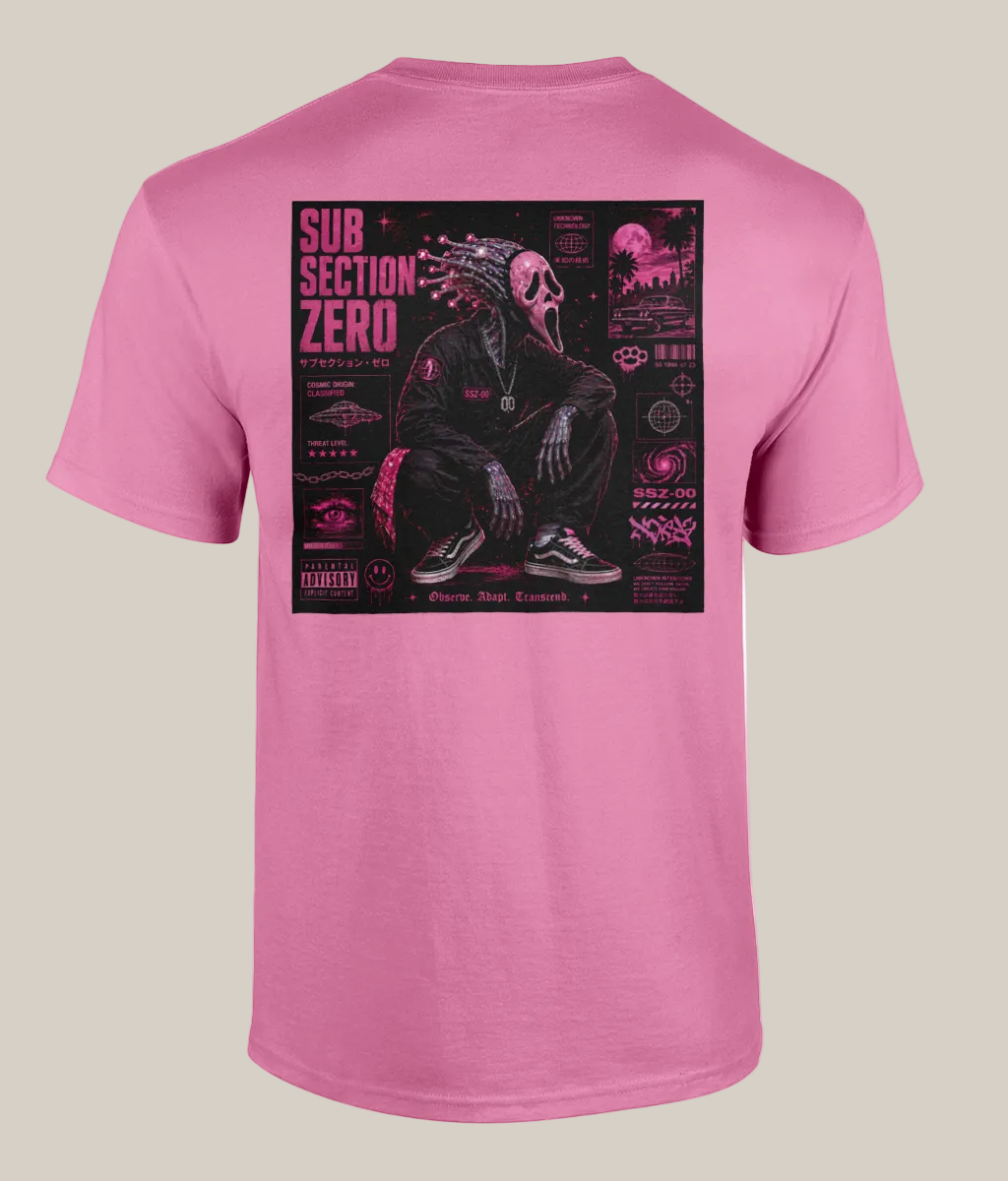 Pink t-shirt with a graphic design on the back featuring a skeleton and text.