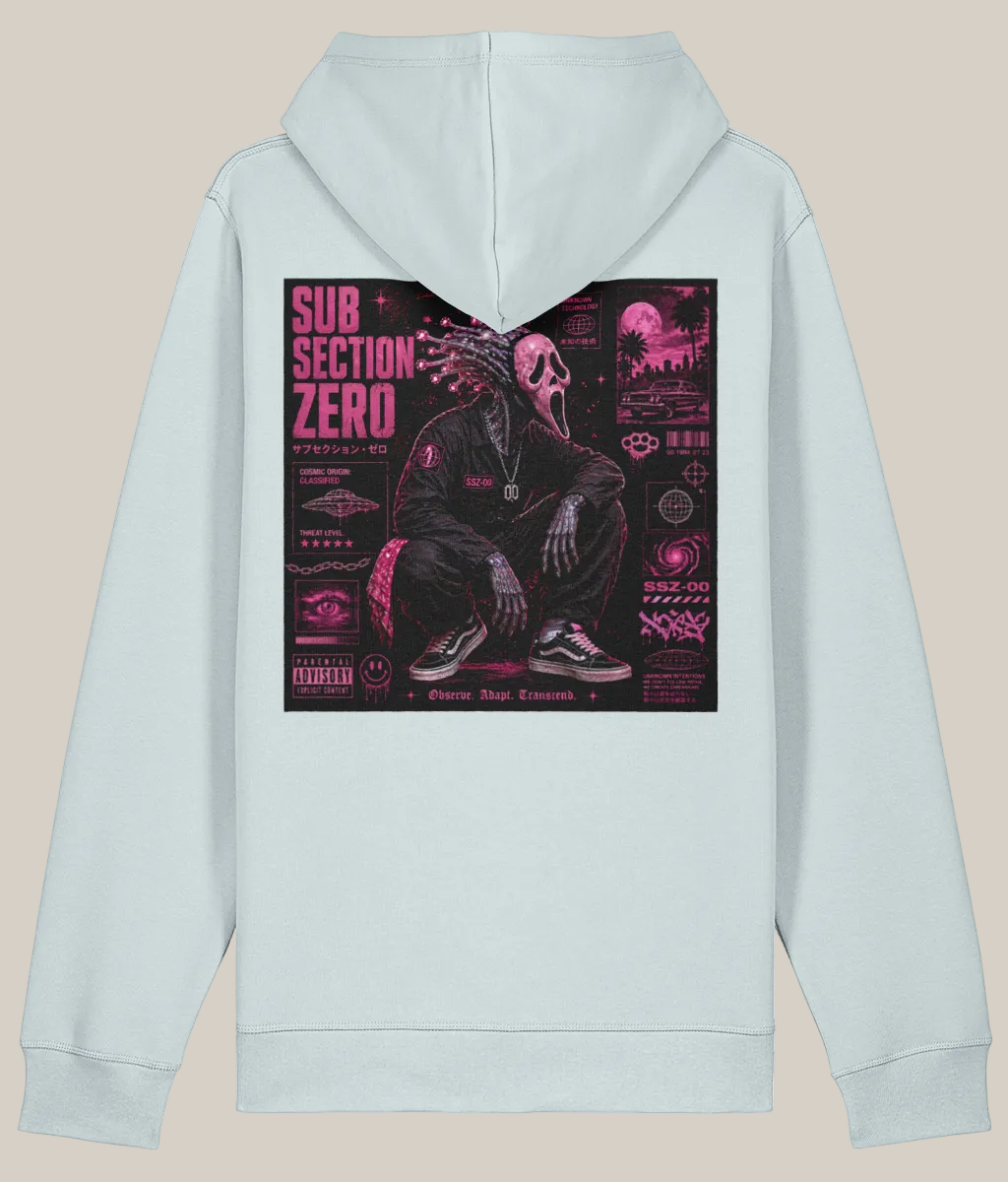 Light gray hoodie with a graphic design on the back featuring 'Sub Section Zero' text and imagery.