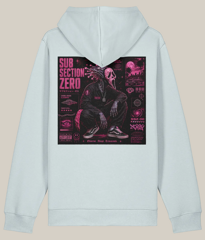 Light gray hoodie with a graphic design on the back featuring 'Sub Section Zero' text and imagery.