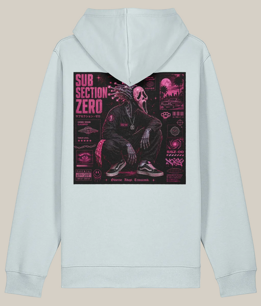 Light gray hoodie with a graphic design on the back featuring 'Sub Section Zero' text and imagery.