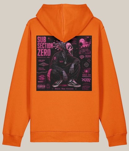 Orange hoodie with a graphic design on the back on a white background