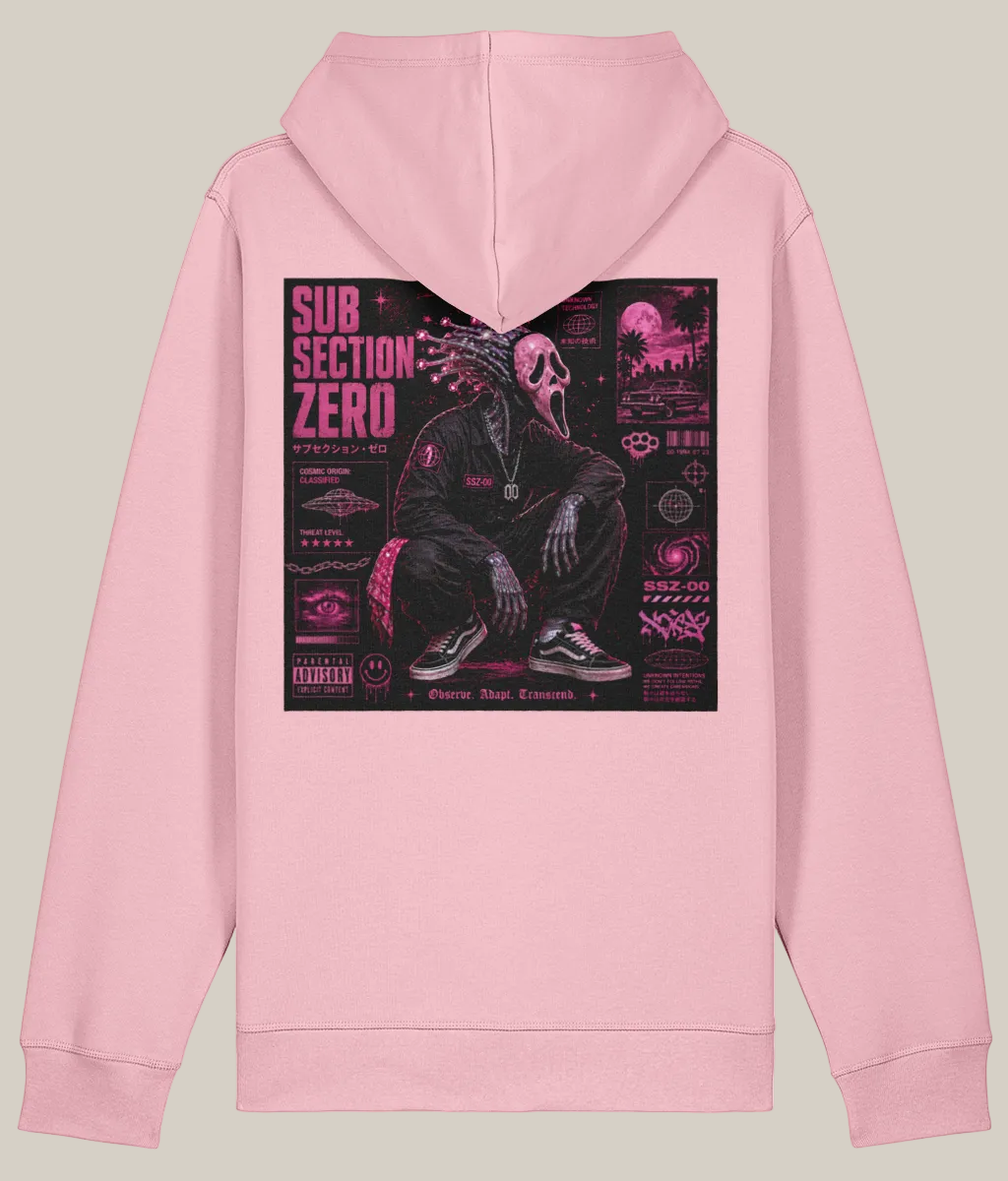 Pink hoodie with a graphic design on the back on a white background